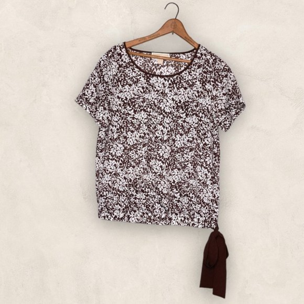 Michael Kors Medium M Brown‎ White Floral Waist Hem Tie Crepe Blouse Top Shirt